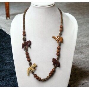 Vintage Hand-carved Wooden African Safari Animals Bead Necklace 26" Elephant